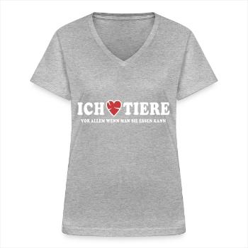 Ich Liebe Tiere Essen Grillen Anti Vegan - Frauen-T-Shirt mit V-Ausschnitt - Grau meliert - Vorne - Lela (165cm)