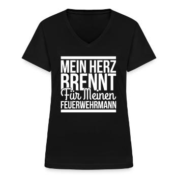 Mein Herz Bennt fuer meinen Feuerwehrmann - Frauen-T-Shirt mit V-Ausschnitt - Schwarz - Vorne - Lela (165cm)