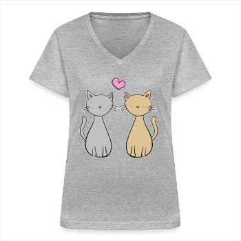 amoureux des chats cher couple - T-shirt col V Femme - gris chiné - Devant - Lela (165cm)