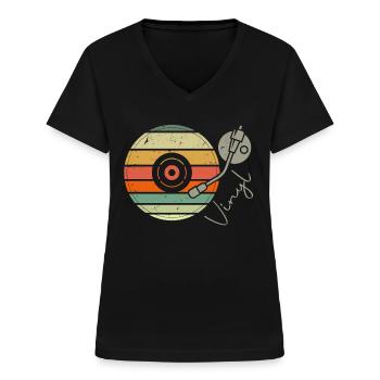 Vinyl Retro - LP Record - T-shirt med V-hals til damer - sort - Foran - Lela (165cm)