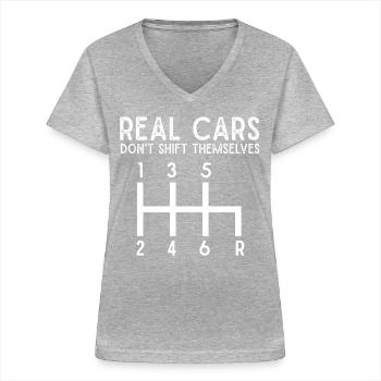 Echte Autos Wechseln Sich Nicht Selbst, Stickshift - Frauen-T-Shirt mit V-Ausschnitt - Grau meliert - Vorne - Lela (165cm)