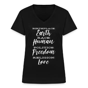Geburtsort Erde, Rasse Menschliche Politikreligion - Frauen-T-Shirt mit V-Ausschnitt - Schwarz - Vorne - Lela (165cm)