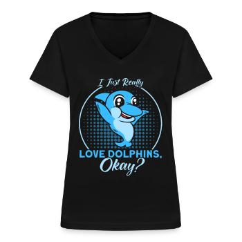 Dolphin Dolphin Lover Animal Dolphins Gift - Women's V-neck T-shirt - black - Front - Lela (165cm)