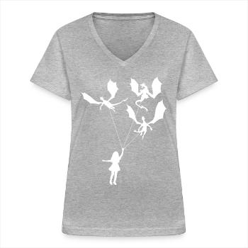 Lustiges Trendiges Kleines Mädchen Mit Drachen - Frauen-T-Shirt mit V-Ausschnitt - Grau meliert - Vorne - Lela (165cm)
