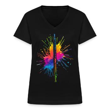 Flöte, Flöte spielen, - Frauen-T-Shirt mit V-Ausschnitt - Schwarz - Vorne - Lela (165cm)