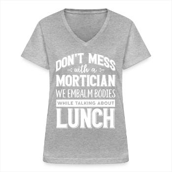 Gardiens de cadavres, pompes funèbres, salons funéraires - T-shirt col V Femme - gris chiné - Devant - Lela (165cm)