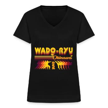 Wado-Ryu Karaté Design Rétro - T-shirt col V Femme - noir - Devant - Lela (165cm)