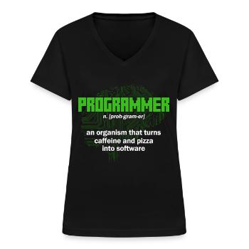 Turns caffeine and pizza into software Software-En - Women's V-neck T-shirt - black - Front - Lela (165cm)