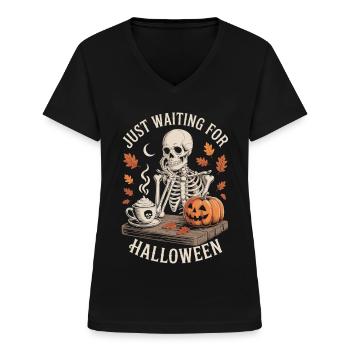 T-shirt squelette citrouille café Halloween - T-shirt col V Femme - noir - Devant - Lela (165cm)