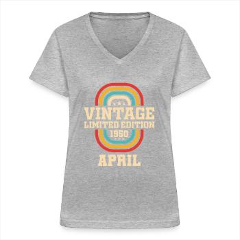 73ème anniversaire Avril Millésime 1950 Millésime - T-shirt col V Femme - gris chiné - Devant - Lela (165cm)