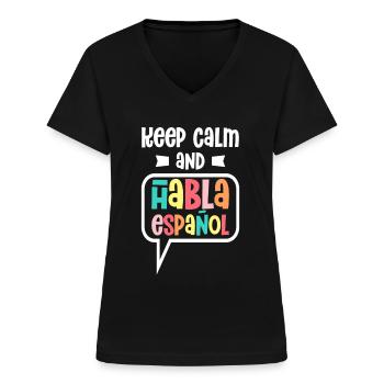 Professeur d’espagnol Maestra Professeur bilingue - T-shirt col V Femme - noir - Devant - Lela (165cm)