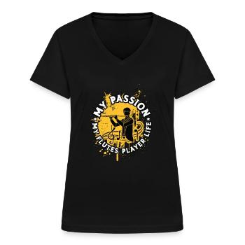 Flutes Player My Passion My Flutes Player Woodwind - Frauen-T-Shirt mit V-Ausschnitt - Schwarz - Vorne - Lela (165cm)