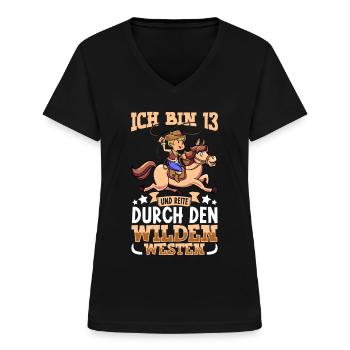 Ich bin 13 - Jungen Cowboy - Frauen-T-Shirt mit V-Ausschnitt - Schwarz - Vorne - Lela (165cm)