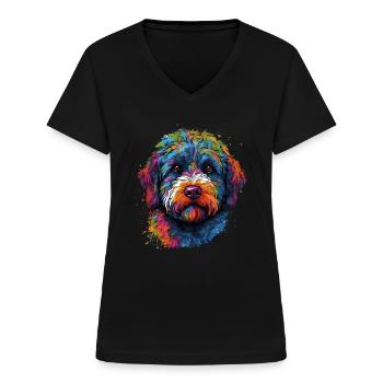 Bunter Lagotto Romagnolo - Frauen-T-Shirt mit V-Ausschnitt - Schwarz - Vorne - Lela (165cm)