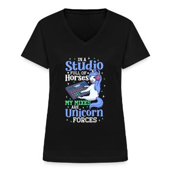 Unicorn Forces at the Mixing Desk - Sound Engineer - Women's V-neck T-shirt - black - Front - Lela (165cm)