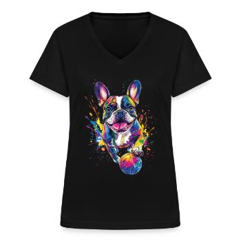Französische Bulldogge - Frauen-T-Shirt mit V-Ausschnitt - Schwarz - Vorne - Lela (165cm)
