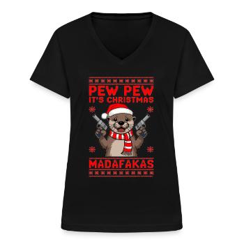 Lustiger Weihnachts-Otter - Frauen-T-Shirt mit V-Ausschnitt - Schwarz - Vorne - Lela (165cm)