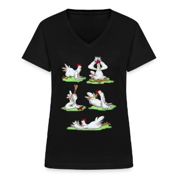 Figures de yoga drôles de poulet - T-shirt col V Femme - noir - Devant - Lela (165cm)