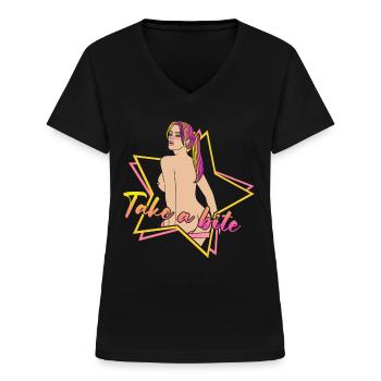 EROTIC SEXY GIRL TAKE A BITE - Women's V-neck T-shirt - black - Front - Lela (165cm)