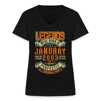 2003 Janvier Birthday Legend - T-shirt col V Femme - noir - Devant - Lela (165cm)