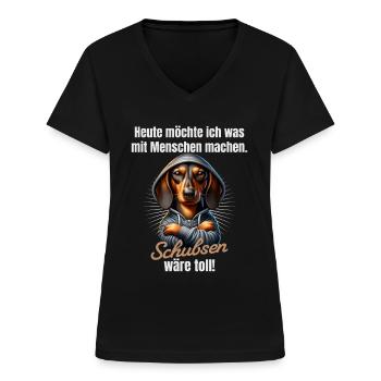 Was mit Menschen machen, schubsen wäre toll - Frauen-T-Shirt mit V-Ausschnitt - Schwarz - Vorne - Lela (165cm)