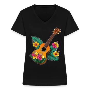 Ukulele with flowers colorful - Frauen-T-Shirt mit V-Ausschnitt - Schwarz - Vorne - Lela (165cm)