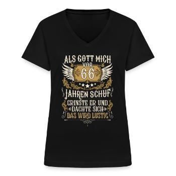 Als Gott mich vor 66 Jahren schuf 66. Geburtstag - Frauen-T-Shirt mit V-Ausschnitt - Schwarz - Vorne - Lela (165cm)