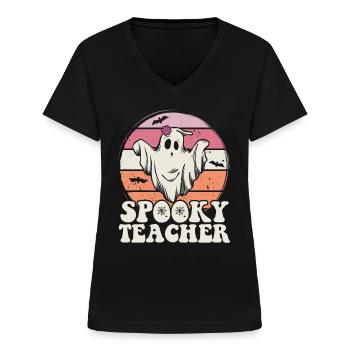 Lehrer Halloween Geist Spooky Teacher - Frauen-T-Shirt mit V-Ausschnitt - Schwarz - Vorne - Lela (165cm)