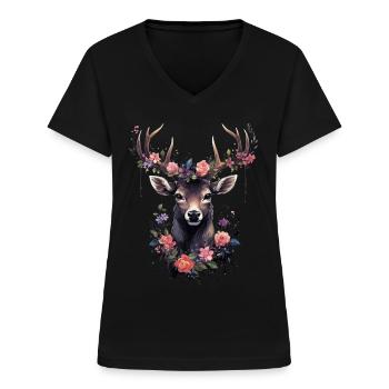 Ersatz Dirndl Hirschgeweih Hirsch - Frauen-T-Shirt mit V-Ausschnitt - Schwarz - Vorne - Lela (165cm)