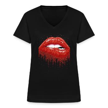 Mund Kuss Lippen Rot Lippenstift Zähne - Frauen-T-Shirt mit V-Ausschnitt - Schwarz - Vorne - Lela (165cm)