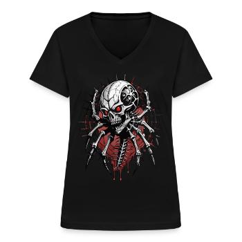 Spider Skull // Totenkopf Spinnennetz FS0019 - Frauen-T-Shirt mit V-Ausschnitt - Schwarz - Vorne - Lela (165cm)