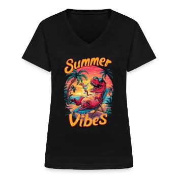 Dino Sommer Vibes Am Strand Mit Palmen Und - Frauen-T-Shirt mit V-Ausschnitt - Schwarz - Vorne - Lela (165cm)