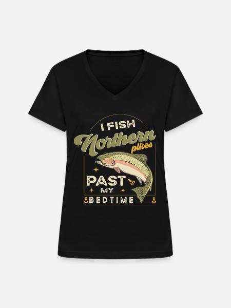 fishing, pike, northern, - Frauen-T-Shirt mit V-Ausschnitt - Schwarz