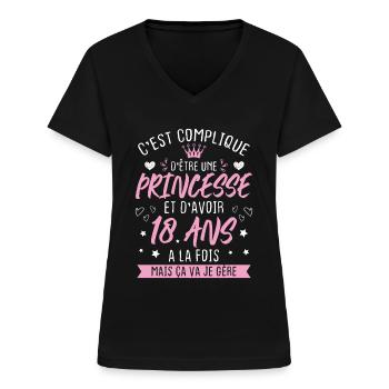 Une princesse et d'avoir 18 ans, Cadeau 18 ans - T-shirt col V Femme - noir - Devant - Lela (165cm)