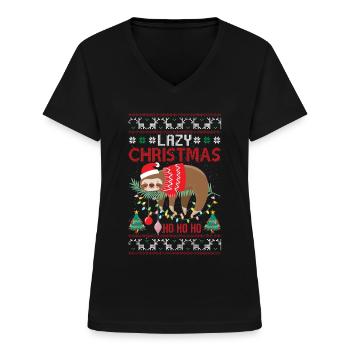 Lazy Christmas Ugly Sweater Faultier - Frauen-T-Shirt mit V-Ausschnitt - Schwarz - Vorne - Lela (165cm)