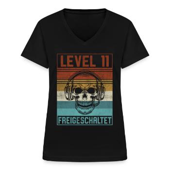 11. Geburtstag Gamer Level 11 Jahre - Frauen-T-Shirt mit V-Ausschnitt - Schwarz - Vorne - Lela (165cm)