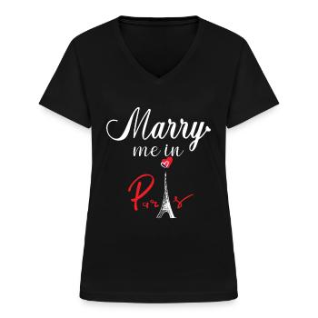 Mariage sur la Tour Eiffel à Paris France - T-shirt col V Femme - noir - Devant - Lela (165cm)