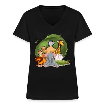 Safari d’animaux de zoo mignons - T-shirt col V Femme - noir - Devant - Lela (165cm)
