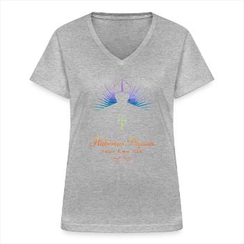 Pape Léon XIV – Barbe Papam Spectre Bénédiction - T-shirt col V Femme - gris chiné - Devant - Lela (165cm)