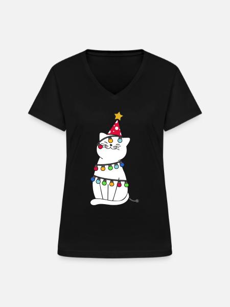 Weihnachten Katze - Frauen-T-Shirt mit V-Ausschnitt - Schwarz