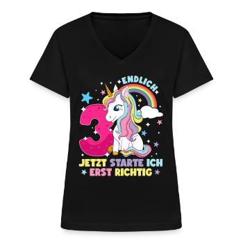 3. Geburtstag Mädchen kleid deko ich bin endlich 3 - Frauen-T-Shirt mit V-Ausschnitt - Schwarz - Vorne - Lela (165cm)