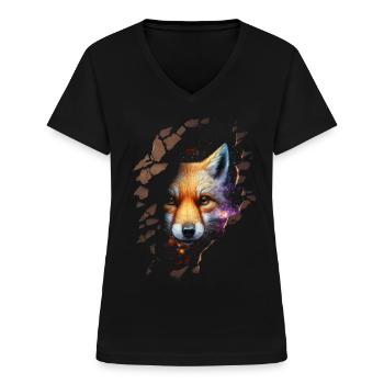 Fox Space Stars Cadeau Animal Cuddly Mignon - T-shirt col V Femme - noir - Devant - Lela (165cm)