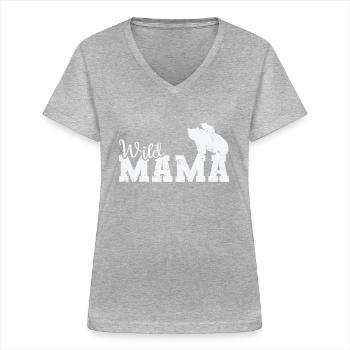 Mama sauvage Ours animal forestier - T-shirt col V Femme - gris chiné - Devant - Lela (165cm)