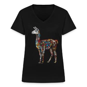 Alpaka Tier Kunst Grafik Motiv Lustiges Llama - Frauen-T-Shirt mit V-Ausschnitt - Schwarz - Vorne - Lela (165cm)