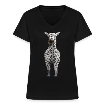 Alpaka Mandala Tier Kunst Grafik Llama - Frauen-T-Shirt mit V-Ausschnitt - Schwarz - Vorne - Lela (165cm)