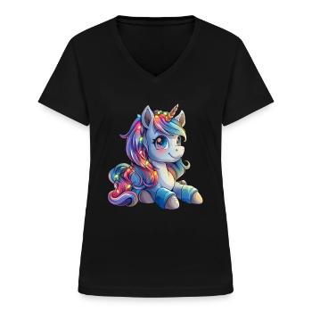 Licorne Noël Kawaii - T-shirt col V Femme - noir - Devant - Lela (165cm)
