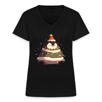 Pinguin Weihnachtsbaum Pinguin Niedlich - Frauen-T-Shirt mit V-Ausschnitt - Schwarz - Vorne - Lela (165cm)