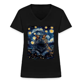 Nilpferd Zwergflusspferd Tier Sternennacht - Frauen-T-Shirt mit V-Ausschnitt - Schwarz - Vorne - Lela (165cm)