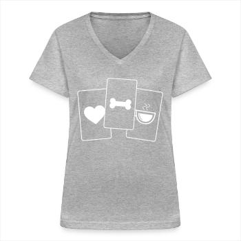 Herz-Kaffee-Hundeknochen - - Frauen-T-Shirt mit V-Ausschnitt - Grau meliert - Vorne - Lela (165cm)