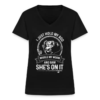I just hold my rod, wiggle the worm - Women's V-neck T-shirt - black - Front - Lela (165cm)